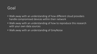 Goal
• Walk away with an understanding of how different cloud providers
handle compromised devices within their network
• Walk away with an understanding of how to reproduce this research
with your own data sources
• Walk away with an understanding of GreyNoise
 