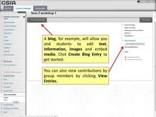 A blog, for example, will allow you
and students to add
text, information, images and
embed media. Click Create Blog
Entry to get started.
You can also view contributions by
group members by clicking View
Entries.
 