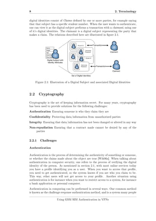 8

2. Terminology

digital identities consist of Claims dened by one or more parties, for example saying
that that subject has a specic student number. When the user wants to authenticate,
one can view it as the digital subject performs a transaction with a claimant, using one
of it's digital identities. The claimant is a digital subject representing the party that
makes a claim. The relations described here are illustrated in gure 2.1.

Figure 2.1: Illustration of a Digital Subject and associated Digital Identities

2.2 Cryptography
Cryptography is the art of keeping information secret. For many years, cryptography
has been used to provide solutions for the following challenges:

Authentication Ensuring someone is who they claim they are
Condentiality Protecting data/information from unauthorized parties
Integrity Ensuring that data/information has not been changed or altered in any way
Non-repudiation Ensuring that a contract made cannot be denied by any of the
parties

2.2.1

Challenges

Authentication
Authentication is the process of determining the authenticity of something or someone,
or whether the claims made about the object are true [Wik06a]. When talking about
authentication in computer security, one refers to the process of verifying the digital
identity of the person. As mentioned in section 2.1, with most online services today
you have a prole identifying you as a user.

When you want to access that prole,

you need to get authenticated, so the system knows if you are who you claim to be.
This way, other users will not get access to your prole.

Another situation using

authentication is for instance when you want to restrict access to a system, for instance
a bank application or personal computer.
Authentication in computing can be performed in several ways. One common method
is known as the challenge-response authentication method, and is a system many people
Using GSM SIM Authentication in VPNs

 