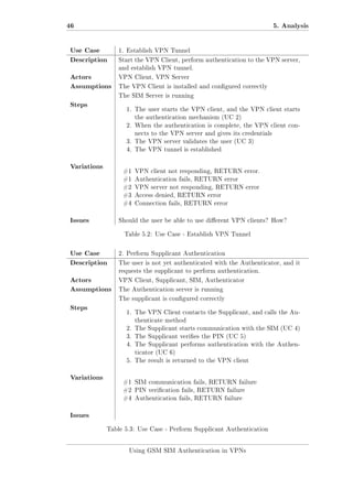 46

5. Analysis

Use Case
Description
Actors
Assumptions

1. Establish VPN Tunnel
Start the VPN Client, perform authentication to the VPN server,
and establish VPN tunnel.
VPN Client, VPN Server
The VPN Client is installed and congured correctly
The SIM Server is running

Steps

1. The user starts the VPN client, and the VPN client starts
the authentication mechanism (UC 2)
2. When the authentication is complete, the VPN client connects to the VPN server and gives its credentials
3. The VPN server validates the user (UC 3)
4. The VPN tunnel is established

Variations

#1 VPN client not responding, RETURN error.
#1 Authentication fails, RETURN error
#2 VPN server not responding, RETURN error
#3 Access denied, RETURN error
#4 Connection fails, RETURN error

Issues

Should the user be able to use dierent VPN clients? How?
Table 5.2: Use Case - Establish VPN Tunnel

Use Case
Description
Actors
Assumptions
Steps

2. Perform Supplicant Authentication
The user is not yet authenticated with the Authenticator, and it
requests the supplicant to perform authentication.
VPN Client, Supplicant, SIM, Authenticator
The Authentication server is running
The supplicant is congured correctly
1. The VPN Client contacts the Supplicant, and calls the Authenticate method
2. The Supplicant starts communication with the SIM (UC 4)
3. The Supplicant veries the PIN (UC 5)
4. The Supplicant performs authentication with the Authenticator (UC 6)
5. The result is returned to the VPN client

Variations

#1 SIM communication fails, RETURN failure
#2 PIN verication fails, RETURN failure
#4 Authentication fails, RETURN failure

Issues
Table 5.3: Use Case - Perform Supplicant Authentication

Using GSM SIM Authentication in VPNs

 