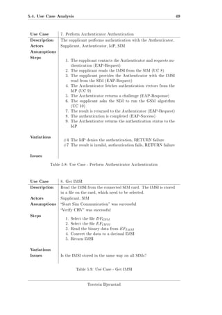 5.4. Use Case Analysis
Use Case
Description
Actors
Assumptions
Steps

49

7. Perform Authenticator Authentication
The supplicant performs authentication with the Authenticator.
Supplicant, Authenticator, IdP, SIM

1. The supplicant contacts the Authenticator and requests authentication (EAP-Request)
2. The supplicant reads the IMSI from the SIM (UC 8)
3. The supplicant provides the Authenticator with the IMSI
read from the SIM (EAP-Request)
4. The Authenticator fetches authentication vectors from the
IdP (UC 9)
5. The Authenticator returns a challenge (EAP-Response)
6. The supplicant asks the SIM to run the GSM algorithm
(UC 10)
7. The result is returned to the Authenticator (EAP-Request)
8. The authentication is completed (EAP-Success)
9. The Authenticator returns the authentication status to the
IdP

Variations

#4 The IdP denies the authentication, RETURN failure
#7 The result is invalid, authentication fails, RETURN failure

Issues
Table 5.8: Use Case - Perform Authenticator Authentication

Use Case
Description
Actors
Assumptions
Steps

8. Get IMSI
Read the IMSI from the connected SIM card. The IMSI is stored
in a le on the card, which need to be selected.
Supplicant, SIM
Start Sim Communication was successful
Verify CHV was successful
1. Select the le
2. Select the le

DFGSM
EFIM SI

3. Read the binary data from

EFIM SI

4. Convert the data to a decimal IMSI
5. Return IMSI

Variations
Issues

Is the IMSI stored in the same way on all SIMs?

Table 5.9: Use Case - Get IMSI

Torstein Bjørnstad

 