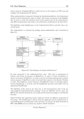6.3. Class Diagrams

63

and an instance of SupplicantForm to allow the user to for instance set PIN code and
congure the Authenticator IP address.
When authentication is requested, through the AuthenticationServer, the Authenticate
method in the Communicator object is called. This creates an instance of the EapHan-

dler, in order to create the responses based on the requests sent by the Authenticator.
Any SIM communication that needs to be performed is performed by the Sim Client.
The EapClient sends EapMessages to the Authentication Server, and this class is described below.
The Authenticator is contained the package vpnsim.authenticator and is described in
gure 6.8.

Figure 6.8: Class Diagram of vpnsim.authenticator.*
Its main component is the AuthenticatorCore class.

This class is instantiated on

startup, and creates an instance of RadiusServer in order to receive UserStatus requests, an instance of EapServer in order to process incoming authentication requests
and an instance of IdpClient in order to forward these request to the Identity Provider
or AAA. The EapServer creates instances of EapHandler when an incoming authentication EapMessage is received, and the EapHandler processes and replies with an
appropriate EapMessage.
The IdpClient works much in the same way as the Communicator class of the vp-

nsim.supplicant.eapCommunication package, except the IdpClient doesn't query the
SIM for the required information, but usually just forwards the package to the Identity
Provider.
Figure 6.9 shows the supporting classes, which are used by the dierent components of
the system. The EapMessage is used in both the supplicant and the authenticator to
send EAP-Requests and Responses back and forth. It contains the elds described in
RFC 4182 [HS06] and can contain any number of EAP-Attributes.
Torstein Bjørnstad

 