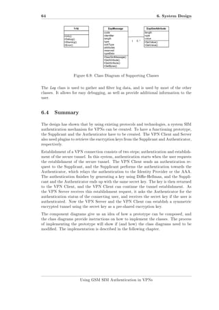 64

6. System Design

Figure 6.9: Class Diagram of Supporting Classes

The Log class is used to gather and lter log data, and is used by most of the other
classes. It allows for easy debugging, as well as provide additional information to the
user.

6.4 Summary
The design has shown that by using existing protocols and technologies, a system SIM
authentication mechanism for VPNs can be created. To have a functioning prototype,
the Supplicant and the Authenticator have to be created. The VPN Client and Server
also need plugins to retrieve the encryption keys from the Supplicant and Authenticator,
respectively.
Establishment of a VPN connection consists of two steps; authentication and establishment of the secure tunnel. In this system, authentication starts when the user requests
the establishment of the secure tunnel. The VPN Client sends an authentication request to the Supplicant, and the Supplicant performs the authentication towards the
Authenticator, which relays the authentication to the Identity Provider or the AAA.
The authentication nishes by generating a key using Die-Hellman, and the Supplicant and the Authenticator ends up with the same secret key. The key is then returned
to the VPN Client, and the VPN Client can continue the tunnel establishment.

As

the VPN Server receives this establishment request, it asks the Authenticator for the
authentication status of the connecting user, and receives the secret key if the user is
authenticated. Now the VPN Server and the VPN Client can establish a symmetric
encrypted tunnel using the secret key as a pre-shared encryption key.
The component diagrams give us an idea of how a prototype can be composed, and
the class diagrams provide instructions on how to implement the classes. The process
of implementing the prototype will show if (and how) the class diagrams need to be
modied. The implementation is described in the following chapter.

Using GSM SIM Authentication in VPNs

 