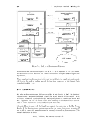 66

7. Implementation of a Prototype

Figure 7.1: High Level Deployment Diagram

reader to use for communicating with the SIM. If a SIM is present in the card reader,
the Supplicant queries the card, and tries to authenticate using the PIN code provided
by the user.
When a authenticated connection to the card is established, the supplicant can transmit
APDUs to the card to perform any of the functions supported by the Smart Card,
described in GSM 11.11.

Built in SIM Reader
By using a phone supporting the Bluetooth SIM Access Prole, or SAP, the computer
can establish a wireless connection to the SIM Card inserted in the phone.

After

activating Bluetooth on the phone and setting the phone to discoverable mode, the
SIM Supplicant can nd the mobile phone when scanning for nearby Bluetooth devices.
This of course requires the computer to support Bluetooth.
After the Phone is connected, the Supplicant requests the connection to the SIM Access
Prole. If the phone does not support this prole, the connection request is denied. If
the prole is supported, a passkey must be provided to complete the connection. This
passkey has to be 16 digits.
Using GSM SIM Authentication in VPNs

 
