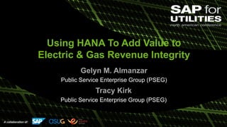 A collaboration of:
Using HANA To Add Value to
Electric & Gas Revenue Integrity
Gelyn M. Almanzar
Public Service Enterprise Group (PSEG)
Tracy Kirk
Public Service Enterprise Group (PSEG)
 