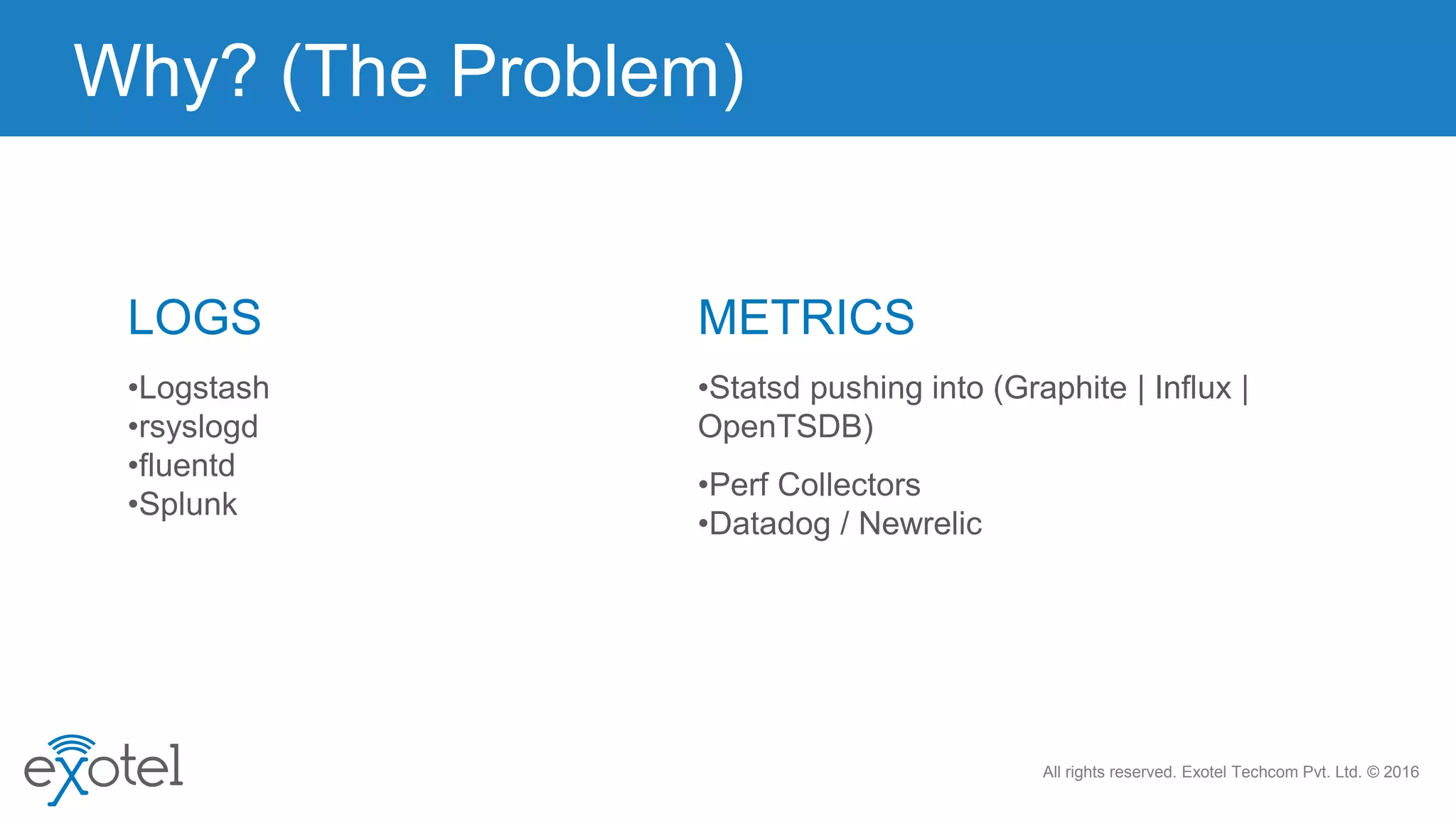 All rights reserved. Exotel Techcom Pvt. Ltd. © 2016
Why? (The Problem)
LOGS METRICS
•Logstash
•rsyslogd
•fluentd
•Splunk
•Statsd pushing into (Graphite | Influx |
OpenTSDB)
•Perf Collectors
•Datadog / Newrelic
 