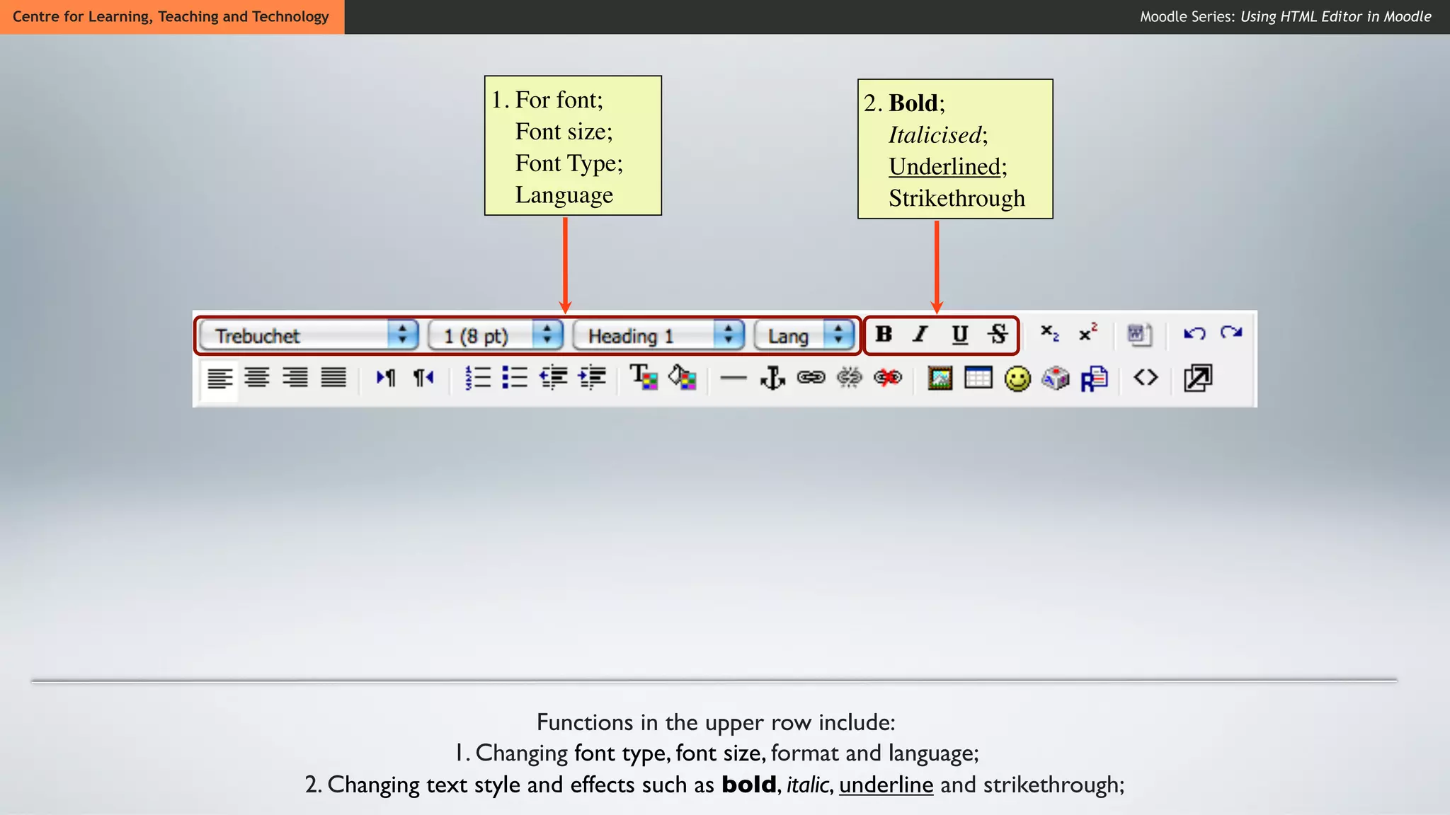 Centre for Learning, Teaching and Technology                                                                                    Moodle Series: Using HTML Editor in Moodle




                                                           1. For font;                          2. Bold;
                                                              Font size;                            Italicised;
                                                              Font Type;                            Underlined;
                                                              Language                              Strikethrough




                                                                Functions in the upper row include:
                                                      1. Changing font type, font size, format and language;
                                        2. Changing text style and effects such as bold, italic, underline and strikethrough;
 