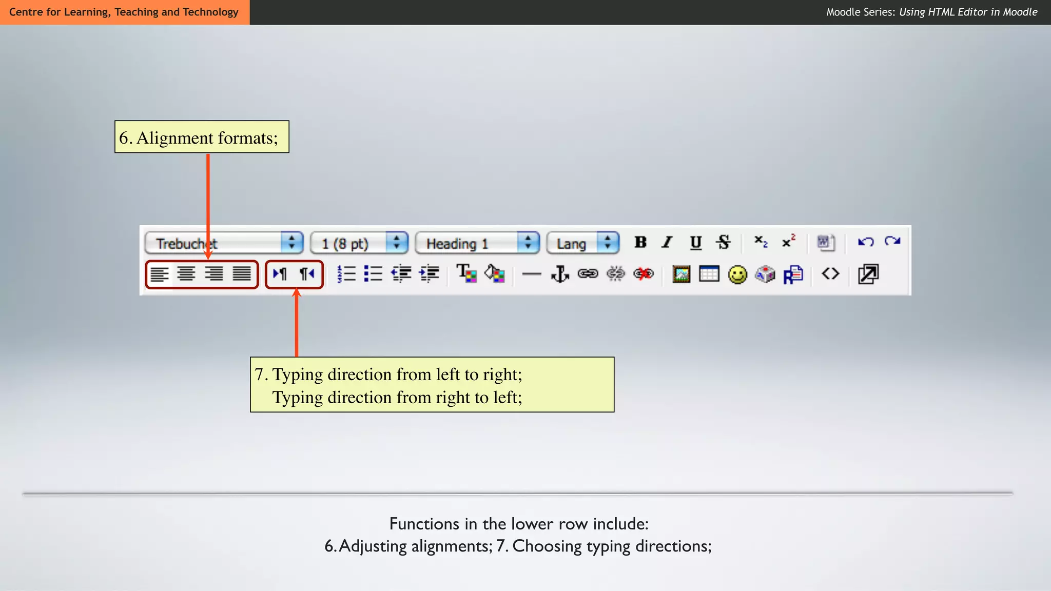 Centre for Learning, Teaching and Technology                                                                       Moodle Series: Using HTML Editor in Moodle




                     6. Alignment formats;




                                               7. Typing direction from left to right;
                                                  Typing direction from right to left;




                                                                   Functions in the lower row include:
                                                         6. Adjusting alignments; 7. Choosing typing directions;
 