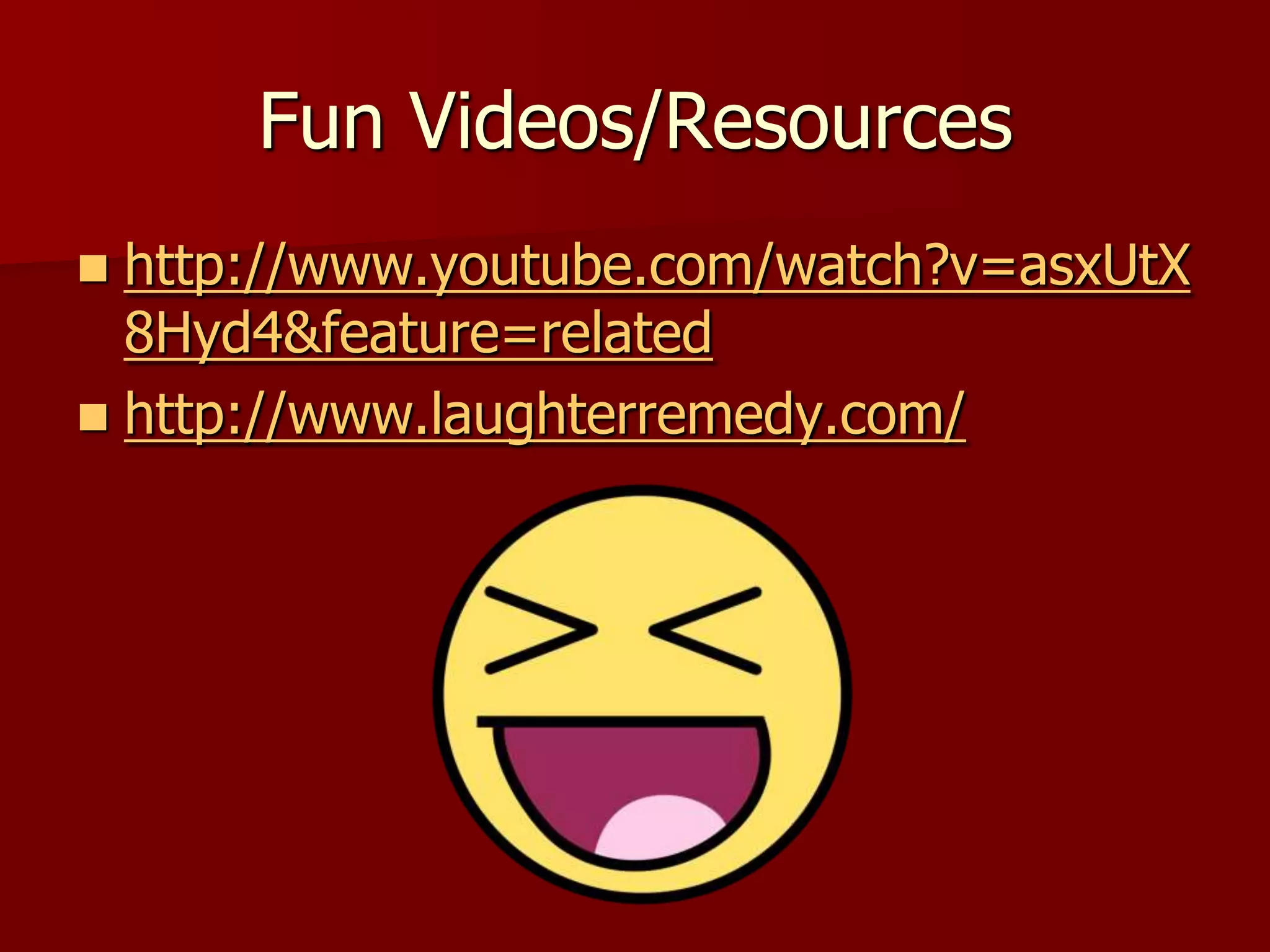 Resources to Get Your Started	Article from Monster.com about Workplace humor:http://career-advice.monster.com/in-the-office/Work-Life-Balance/Workplace-Humor-Guide/article.aspxCareer Counseling "spoof" from GW Law School:http://www.youtube.com/watch?v=wsnZQik4-Ys&feature=player_embedded#	Silly Job Interview - Monty Python:http://www.youtube.com/watch?v=zP0sqRMzkwoCareer Metaphors and Their Application to Theory and Counseling Practicehttp://www.virtualhabitats.com/Students/CareerCounselorWebquest/Career%20Metaphors.pdfMetaphor: A new way of thinking about careers (NCDA)http://www.associationdatabase.com/aws/NCDA/pt/sd/news_article/5132/_PARENT/layout_details_cc/falseThinkBlocks Tutorial: Metaphors and Similieshttp://www.youtube.com/watch?v=tr0-kMlWJgw&feature=related