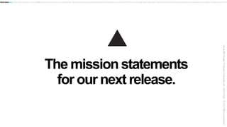 The mission statements
for our next release.
Overview.Hills.Play Backs.Sponsor Users. Experience based Roadmap.Tools.Hopes...