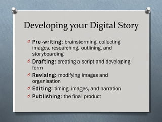 Developing your Digital Story Pre-writing:  brainstorming, collecting images, researching, outlining, and storyboarding  Drafting:  creating a script and developing form  Revising:  modifying images and organisation  Editing:  timing, images, and narration  Publishing:  the final product  