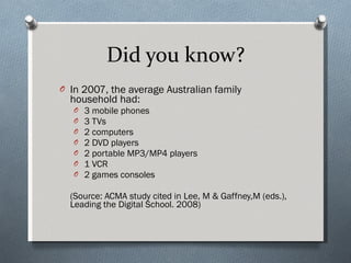 Did you know? In 2007, the average Australian family household had: 3 mobile phones 3 TVs 2 computers 2 DVD players 2 portable MP3/MP4 players 1 VCR 2 games consoles (Source: ACMA study cited in Lee, M & Gaffney,M (eds.), Leading the Digital School. 2008) 