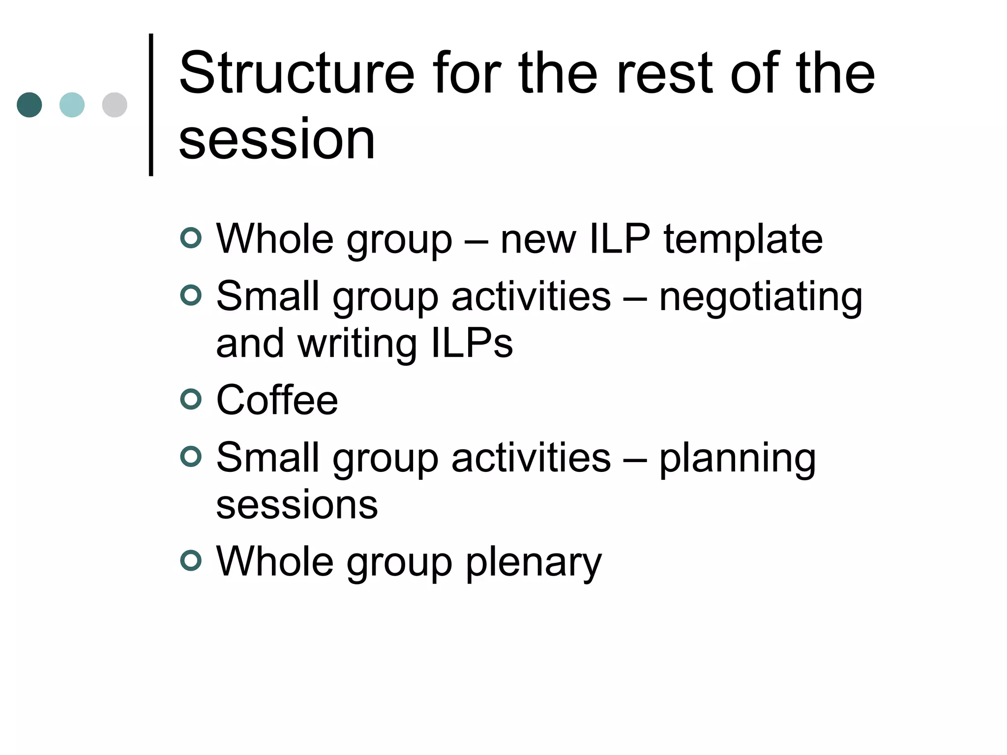 Structure for the rest of the session Whole group – new ILP template Small group activities – negotiating and writing ILPs Coffee Small group activities – planning sessions Whole group plenary 