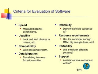 Criteria for Evaluation of Software


    Speed                              Reliability
        Measured against                    Does the job it is supposed
         benchmarks.                          to?
    Usability                          Resource requirements
        Look and feel, choices in           Has the computer enough
         menus, etc.                          RAM, big enough disks, etc?
    Compatibility                      Portability
        With operating system.              Will it work on different
    Data Migration                           systems?
        Translating from one
                                        Support
         format to another.                  Assistance from vendors or
                                              writers?

                                                           121
 