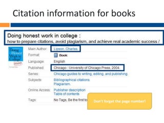 Citation information for books
Don’t forget the page number!
 