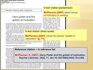 In-text citation (paraphrase):
McPherson (2007) raised issues
of motivation in reading.

In-text citation (direct quote):

McPherson (2007) coined the phrase “goblet of
motivation” (p. 71).

Reference citation -- in reference list:

McPherson, K. (2007). Harry Potter and the goblet of motivation.
Teacher Librarian, 34(4), 71. doi:10.1037/0002-9432.76.4.482

 