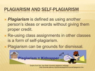 PLAGIARISM AND SELF-PLAGIARISM
Plagiarism is defined as using another
person’s ideas or words without giving them
proper credit.
 Re-using class assignments in other classes
is a form of self-plagiarism.
 Plagiarism can be grounds for dismissal.


Graphic from San Jose State University plagiarism webpage
(http://tutorials.sjlibrary.org/tutorial/plagiarism/tutorial/3plagiarism.htm

 