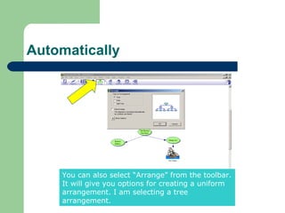 Automatically




    You can also select “Arrange” from the toolbar.
    It will give you options for creating a uniform
    arrangement. I am selecting a tree
    arrangement.
 