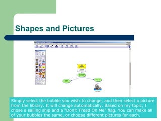 Shapes and Pictures




Simply select the bubble you wish to change, and then select a picture
from the library. It will change automatically. Based on my topic, I
chose a sailing ship and a “Don’t Tread On Me” flag. You can make all
of your bubbles the same, or choose different pictures for each.
 