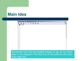 Main Idea




 Remember how the first bubble helped us set up our main
 idea in our diagram? The first line in the outline is for your
 main idea too.
 