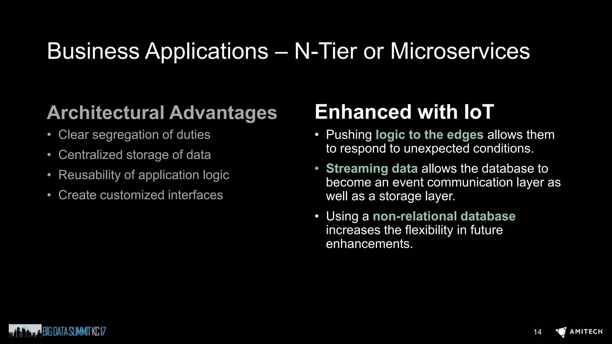 Business Applications – N-Tier or Microservices
Architectural Advantages
• Clear segregation of duties
• Centralized storage of data
• Reusability of application logic
• Create customized interfaces
Enhanced with IoT
• Pushing logic to the edges allows them
to respond to unexpected conditions.
• Streaming data allows the database to
become an event communication layer as
well as a storage layer.
• Using a non-relational database
increases the flexibility in future
enhancements.
14
 