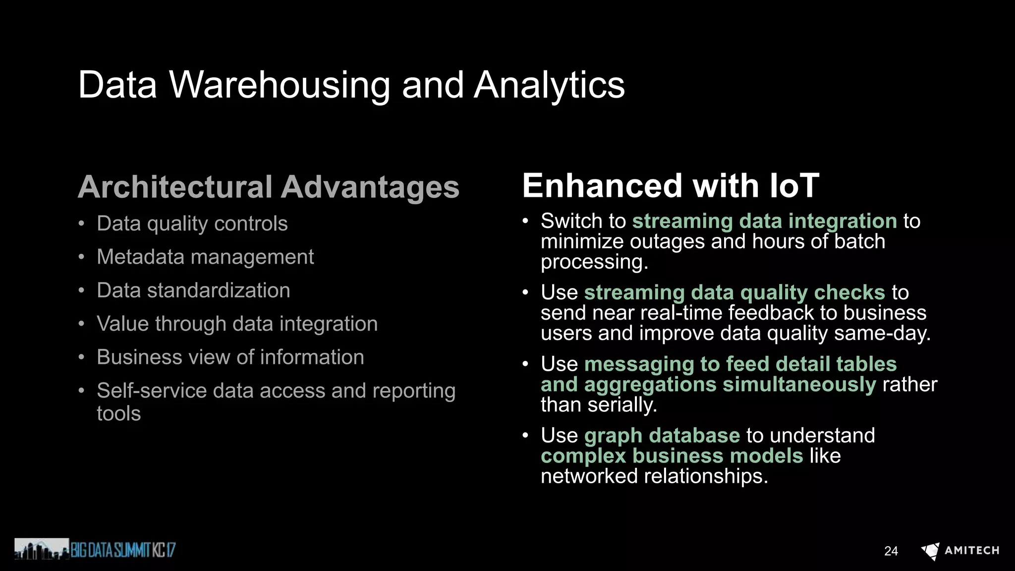 Data Warehousing and Analytics
Architectural Advantages
• Data quality controls
• Metadata management
• Data standardization
• Value through data integration
• Business view of information
• Self-service data access and reporting
tools
Enhanced with IoT
• Switch to streaming data integration to
minimize outages and hours of batch
processing.
• Use streaming data quality checks to
send near real-time feedback to business
users and improve data quality same-day.
• Use messaging to feed detail tables
and aggregations simultaneously rather
than serially.
• Use graph database to understand
complex business models like
networked relationships.
24
 