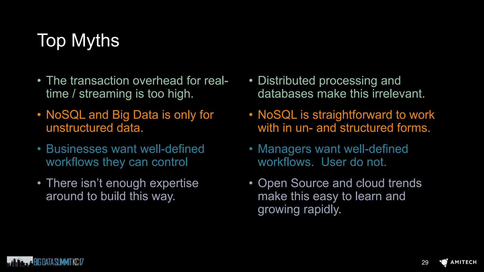 Top Myths
• The transaction overhead for real-
time / streaming is too high.
• NoSQL and Big Data is only for
unstructured data.
• Businesses want well-defined
workflows they can control
• There isn’t enough expertise
around to build this way.
• Distributed processing and
databases make this irrelevant.
• NoSQL is straightforward to work
with in un- and structured forms.
• Managers want well-defined
workflows. User do not.
• Open Source and cloud trends
make this easy to learn and
growing rapidly.
29
 