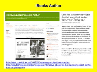 iBooks Author




http://www.boxoftricks.net/2012/01/reviewing-apples-ibooks-author
http://easytechsite.com/slider/create-an-interactive-ebook-for-the-ipad-using-ibook-author-
the-complete-guide
 
