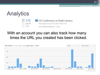 Analytics
With an account you can also track how many
times the URL you created has been clicked.
31
 