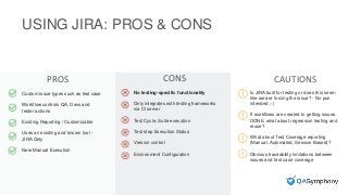 USING JIRA: PROS & CONS
PROS CONS CAUTIONS
Is JIRA built for testing or does this seem
like we are forcing the issue? - No pun
intended :-)
If workflows are created to getting issues
DONE, what about regression testing and
reuse?
What about Test Coverage reporting
(Manual, Automated, Session Based)?
Obvious traceability limitations between
issues and test case coverage
Custom issue types such as test case
Workflow controls QA, Devs and
tester actions
Existing Reporting / Customizable
Uses an existing and known tool -
JIRA Only
New Manual Execution
No testing-specific functionality
Only integrates with testing frameworks
via CI server
Test Cycle, Suite execution
Test step Execution Status
Version control
Environment Configuration
 