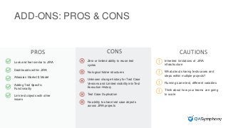ADD-ONS: PROS & CONS
PROS CONS CAUTIONS
Look and feel similar to JIRA
Dashboards within JIRA
Atlassian Market $ Model
Adding Test Specific
Functionality
Link test objects with other
issues
Inherited limitations of JIRA
infrastructure
What about sharing tests cases and
steps within multiple projects?
Running same test, different variables
Think about how your teams are going
to scale
Zero or limited ability to reuse test
cycles
No logical folder structures
Unknown change history for Test Case
Versions and Limited visibility into Test
Execution History
Test Case Duplication
No ability to share test case objects
across JIRA projects
 