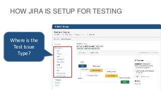 HOW JIRA IS SETUP FOR TESTING
Where is the
Test Issue
Type?
 