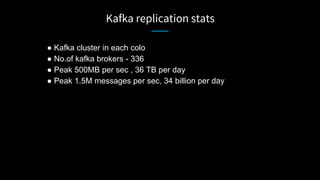 Kafka replication stats
● Kafka cluster in each colo
● No.of kafka brokers - 336
● Peak 500MB per sec , 36 TB per day
● Peak 1.5M messages per sec, 34 billion per day
 