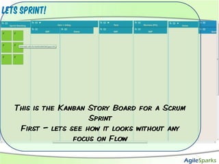 Lets Sprint!This is the Kanban Story Board for a Scrum SprintFirst – lets see how it looks without any focus on Flow
