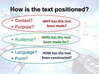 How is the text positioned?
 Context?
 Purpose?
 Audience?
 Language?
 Form?
WHY has this text
been made?
WHO has this text
been made for?
HOW has the text
been constructed?
 
