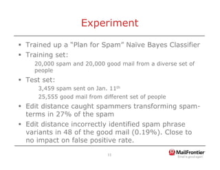 11
Experiment
ƒ Trained up a “Plan for Spam” Naïve Bayes Classifier
ƒ Training set:
20,000 spam and 20,000 good mail from a diverse set of
people
ƒ Test set:
3,459 spam sent on Jan. 11th
25,555 good mail from different set of people
ƒ Edit distance caught spammers transforming spam-
terms in 27% of the spam
ƒ Edit distance incorrectly identified spam phrase
variants in 48 of the good mail (0.19%). Close to
no impact on false positive rate.
 