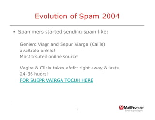 3
Evolution of Spam 2004
ƒ Spammers started sending spam like:
Genierc Viagr and Sepur Viarga (Caiils)
available onlnie!
Most trsuted onilne source!
Vagira & Cilais takes afefct right away & lasts
24-36 huors!
FOR SUEPR VAIRGA TOCUH HERE
 