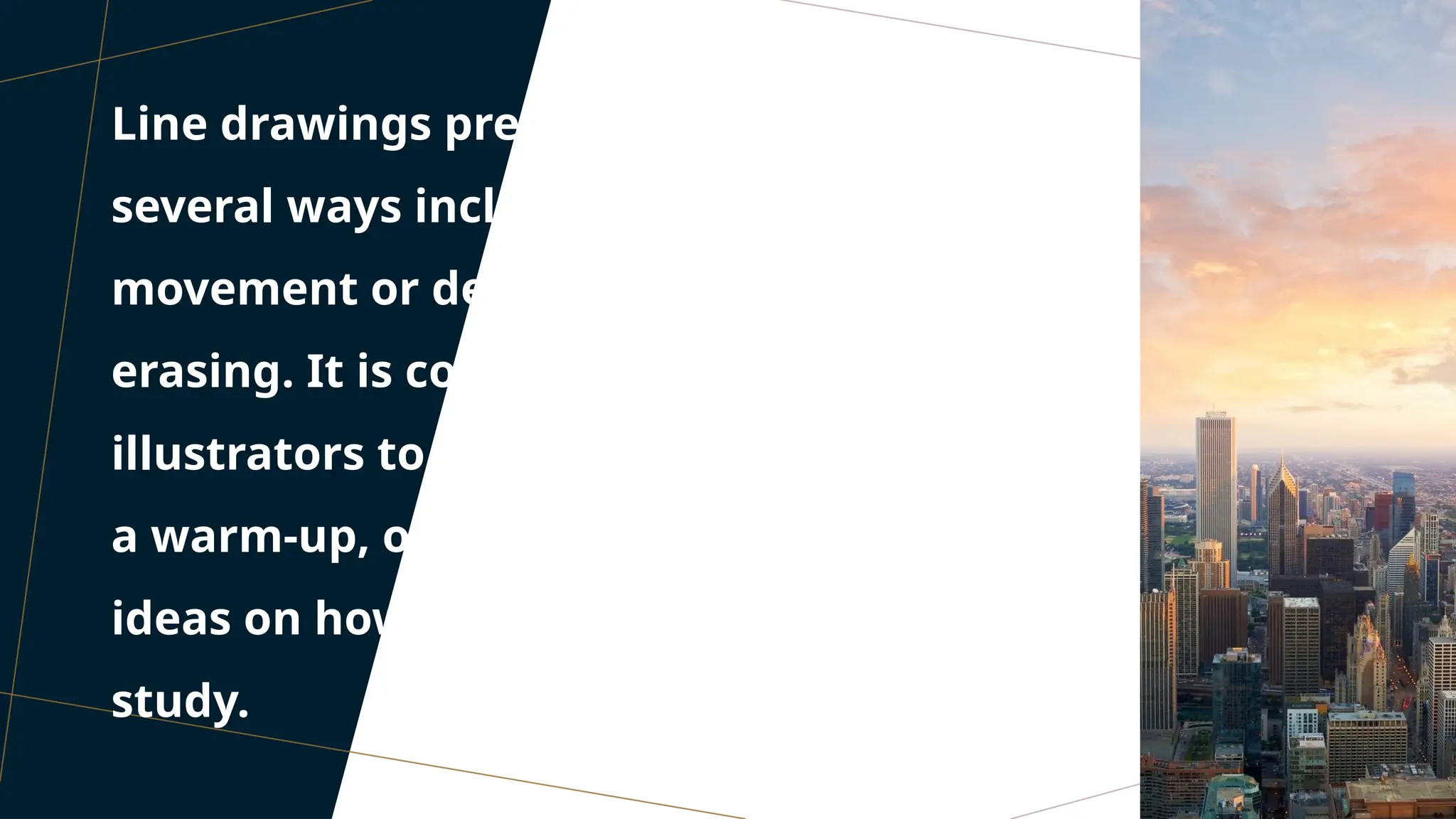 AGENDA
Line drawings present themselves in
several ways including outlines of objects,
movement or density of objects and even
erasing. It is common for artists or
illustrators to use various line drawings as
a warm-up, oftentimes giving them fresh
ideas on how to begin working on a longer
study.
 