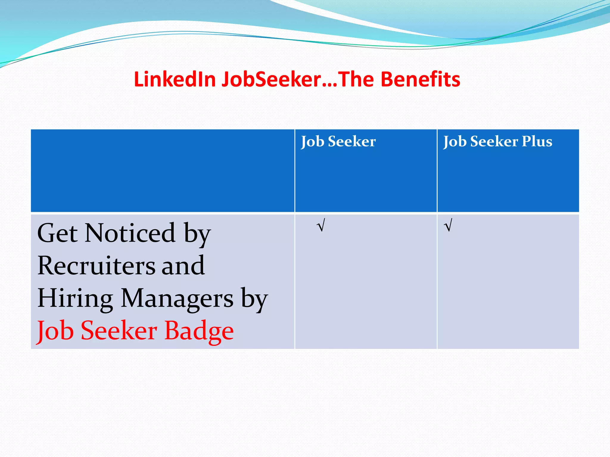 LinkedIn JobSeeker…The Benefits

                      Job Seeker    Job Seeker Plus




                        √           √
Get Noticed by
Recruiters and
Hiring Managers by
Job Seeker Badge
 