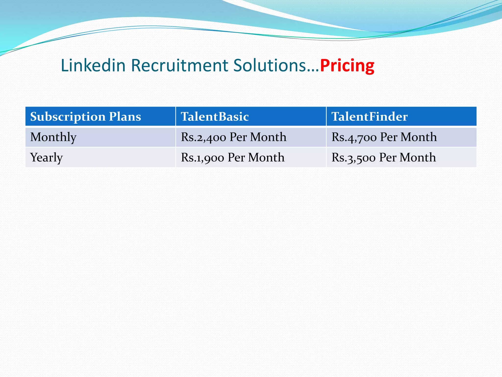 Linkedin Recruitment Solutions…Pricing

Subscription Plans   TalentBasic          TalentFinder
Monthly              Rs.2,400 Per Month   Rs.4,700 Per Month
Yearly               Rs.1,900 Per Month   Rs.3,500 Per Month
 