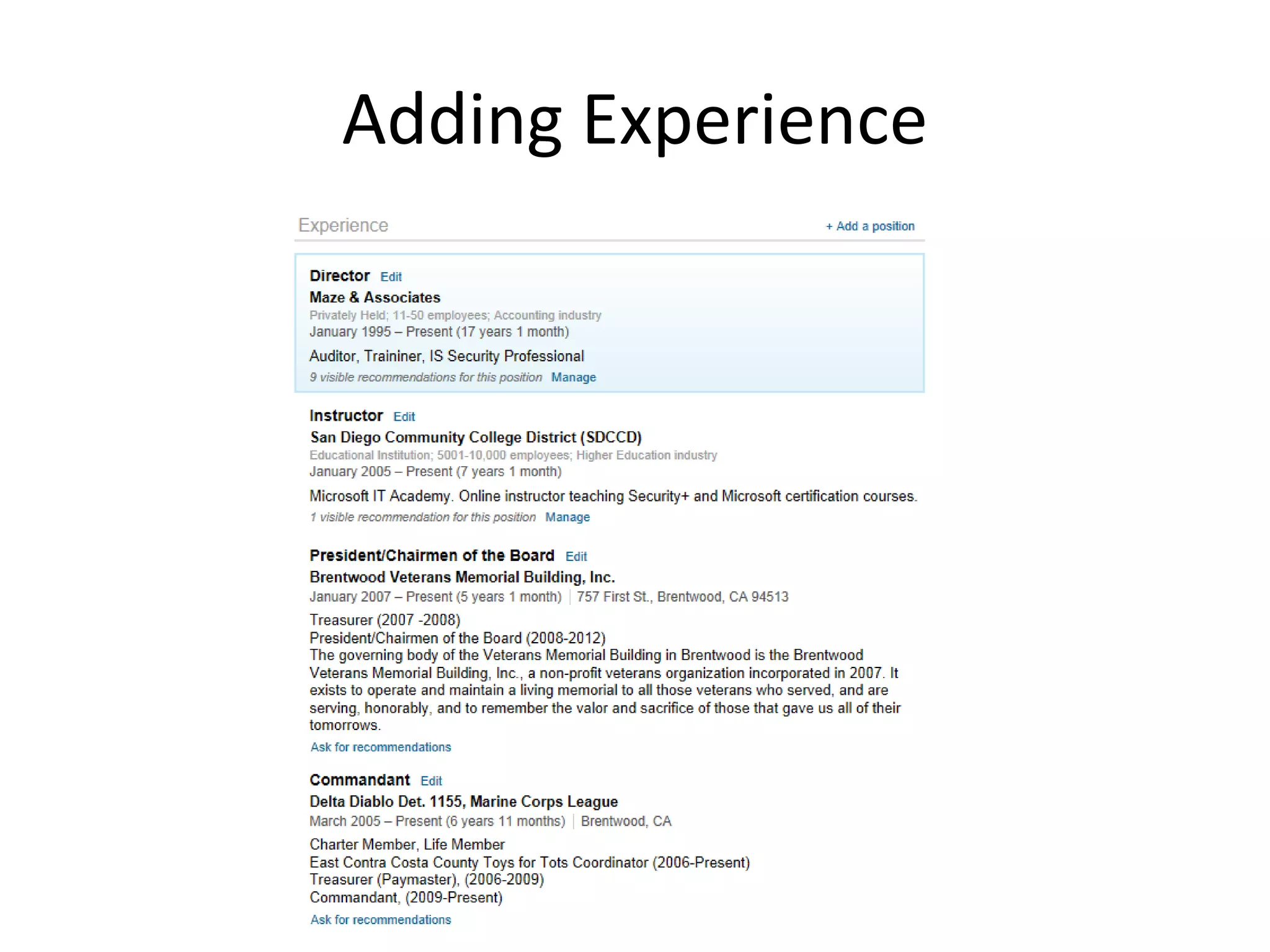 Adding Experience