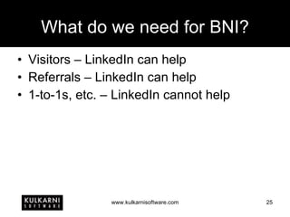 What do we need for BNI? Visitors – LinkedIn can help Referrals – LinkedIn can help 1-to-1s, etc. – LinkedIn cannot help 