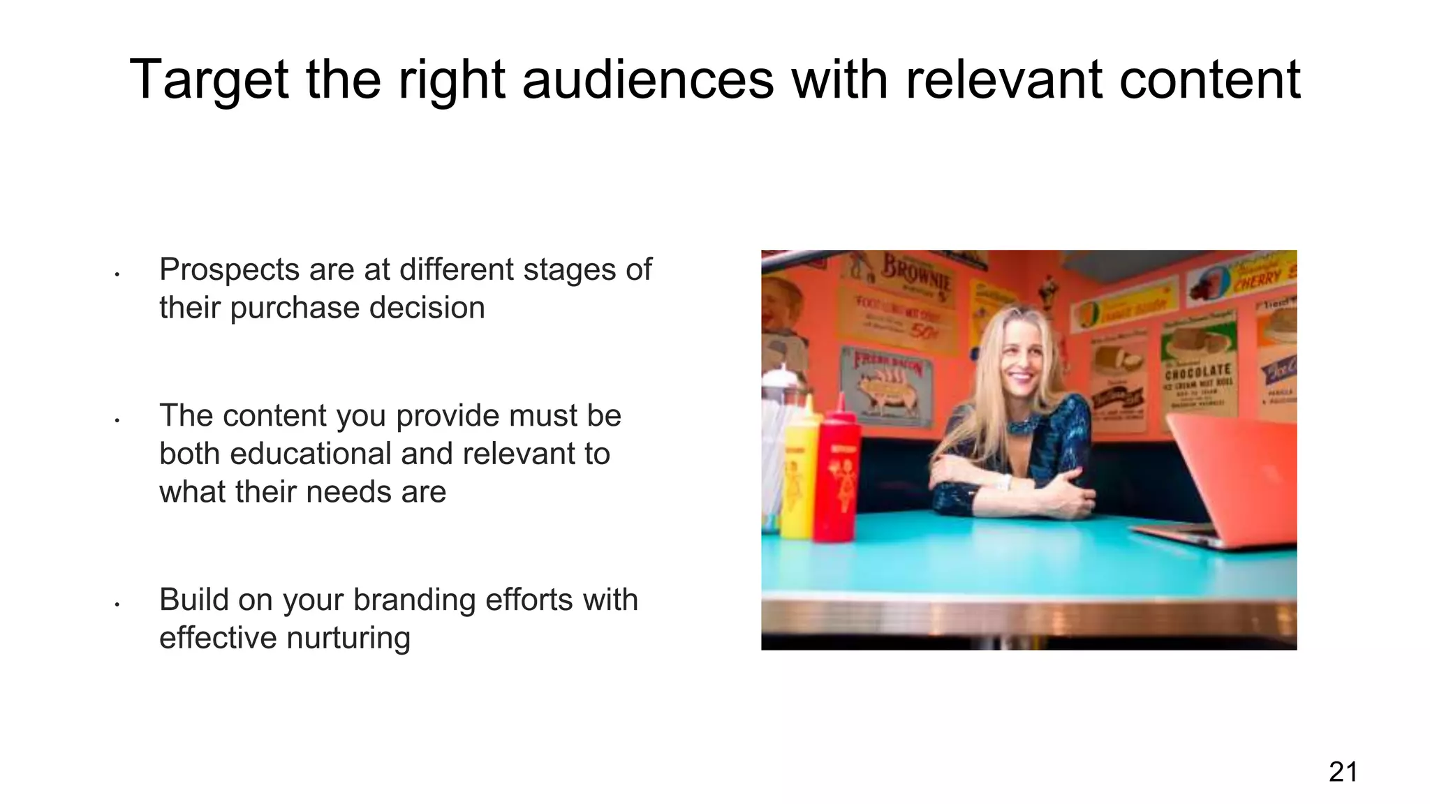 Target the right audiences with relevant content
21
• Prospects are at different stages of
their purchase decision
• The content you provide must be
both educational and relevant to
what their needs are
• Build on your branding efforts with
effective nurturing
 