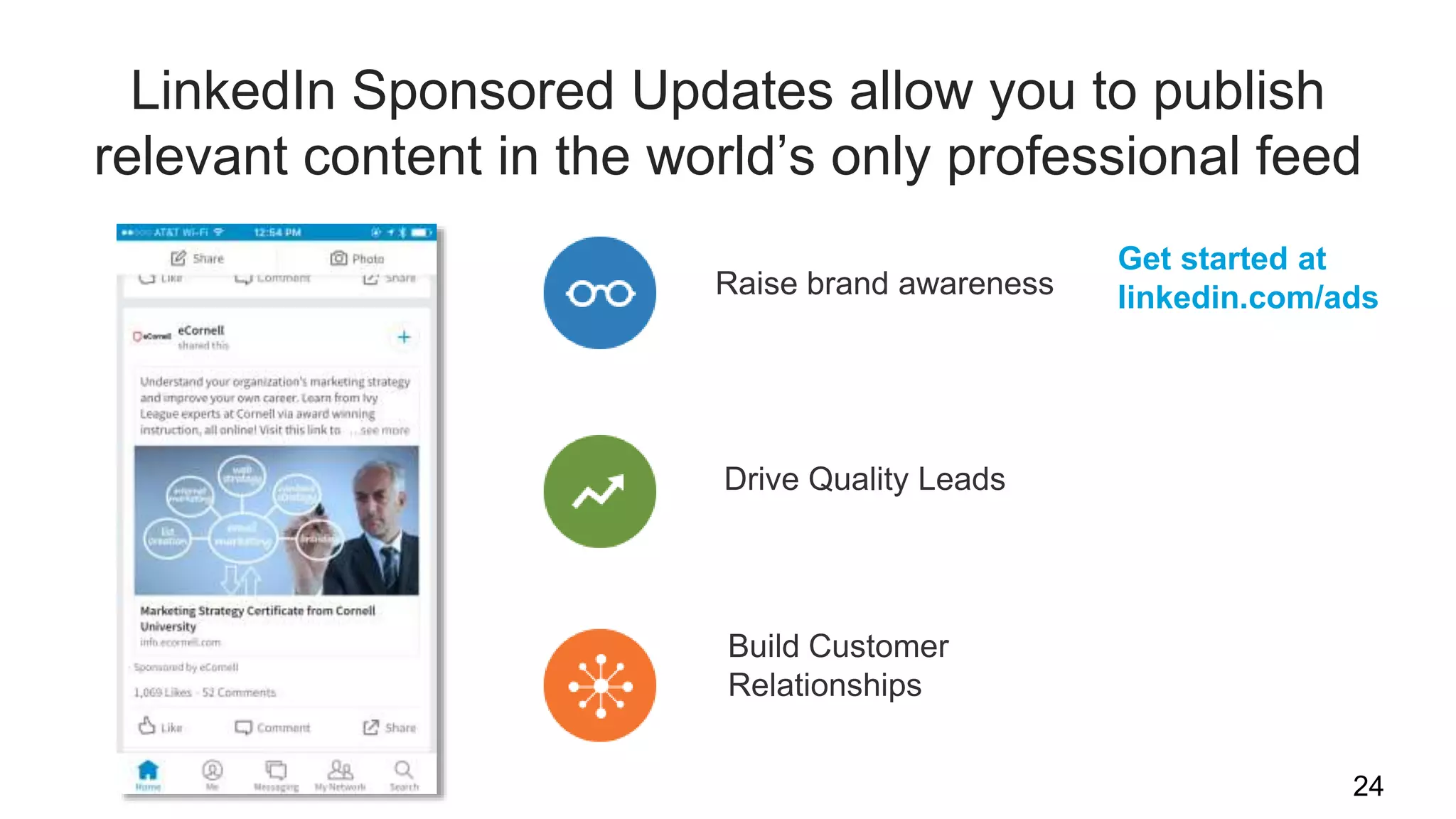 LinkedIn Sponsored Updates allow you to publish
relevant content in the world’s only professional feed
24
Get started at
linkedin.com/adsRaise brand awareness
Drive Quality Leads
Build Customer
Relationships
 
