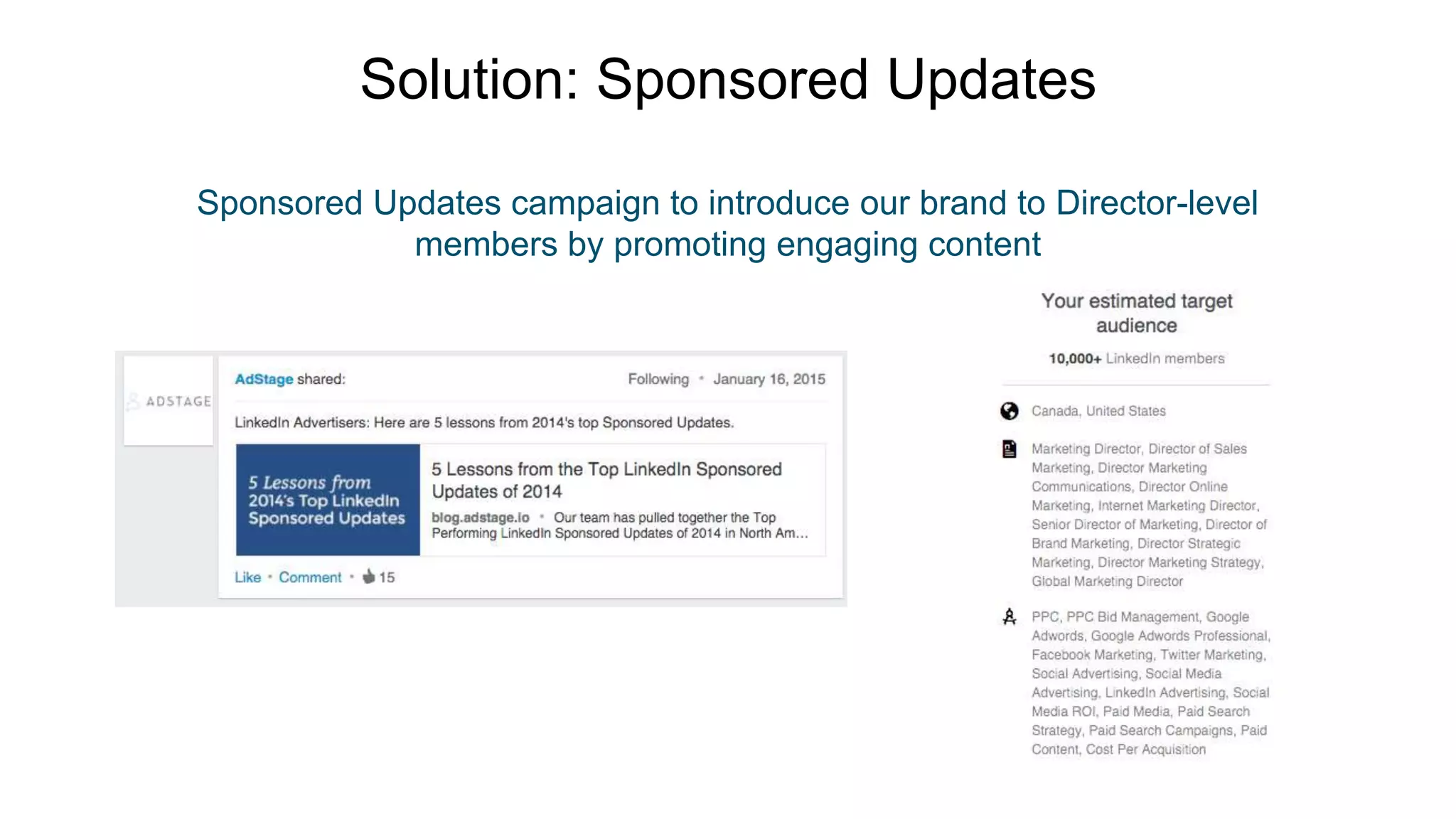 Sponsored Updates campaign to introduce our brand to Director-level
members by promoting engaging content
Solution: Sponsored Updates
 