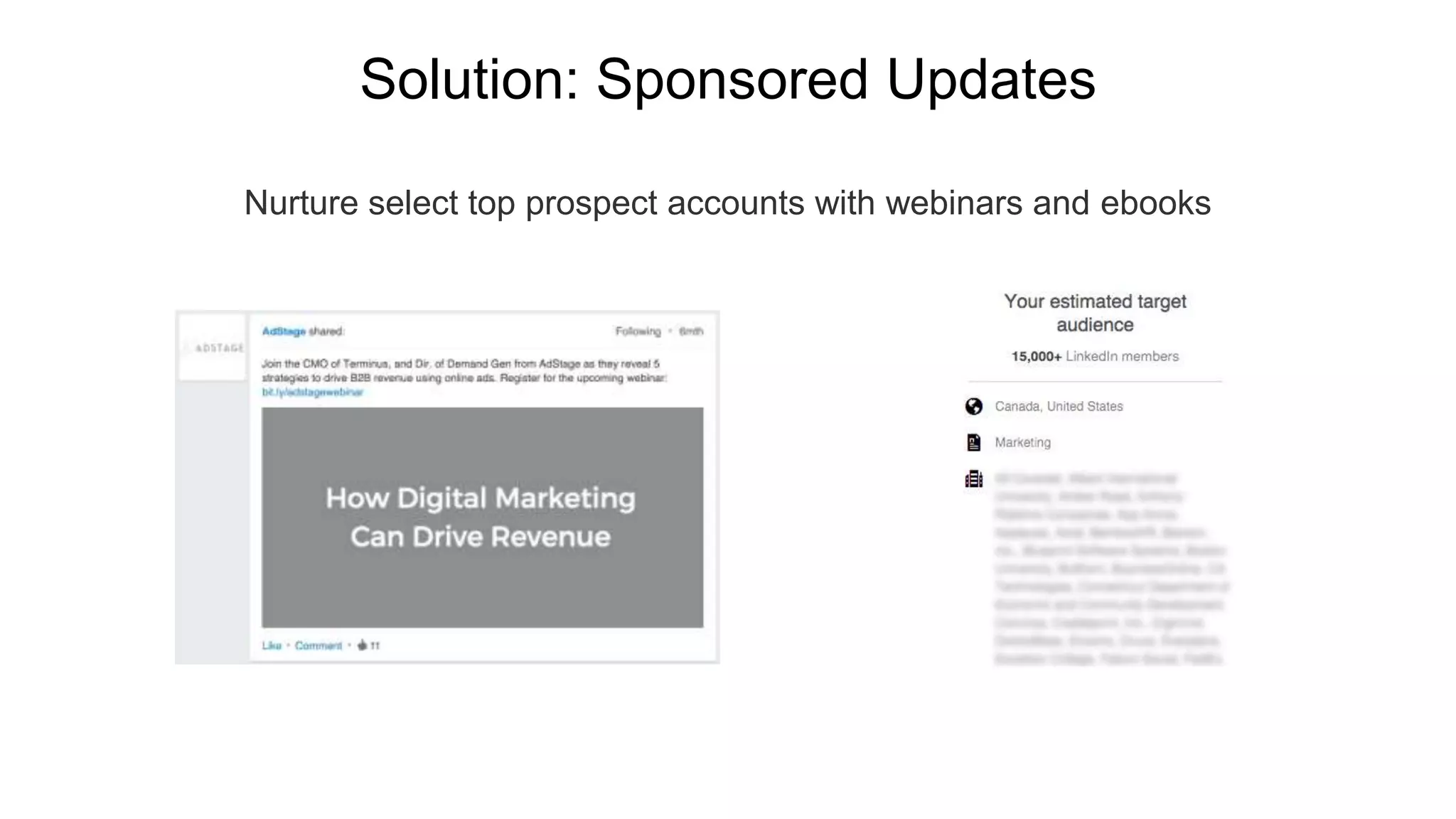 Nurture select top prospect accounts with webinars and ebooks
Solution: Sponsored Updates
 