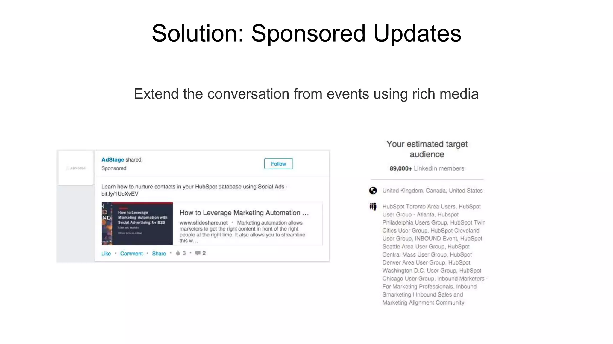 Extend the conversation from events using rich media
Solution: Sponsored Updates
 