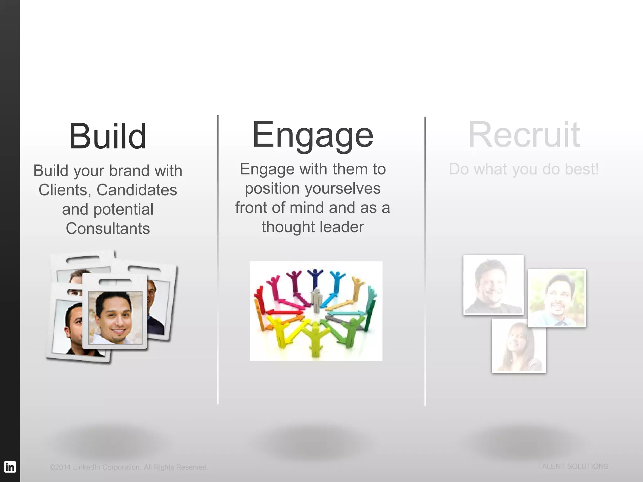 ©2014 LinkedIn Corporation. All Rights Reserved. TALENT SOLUTIONS
Build
Build your brand with
Clients, Candidates
and potential
Consultants
Recruit
Do what you do best!
Engage
Engage with them to
position yourselves
front of mind and as a
thought leader
 