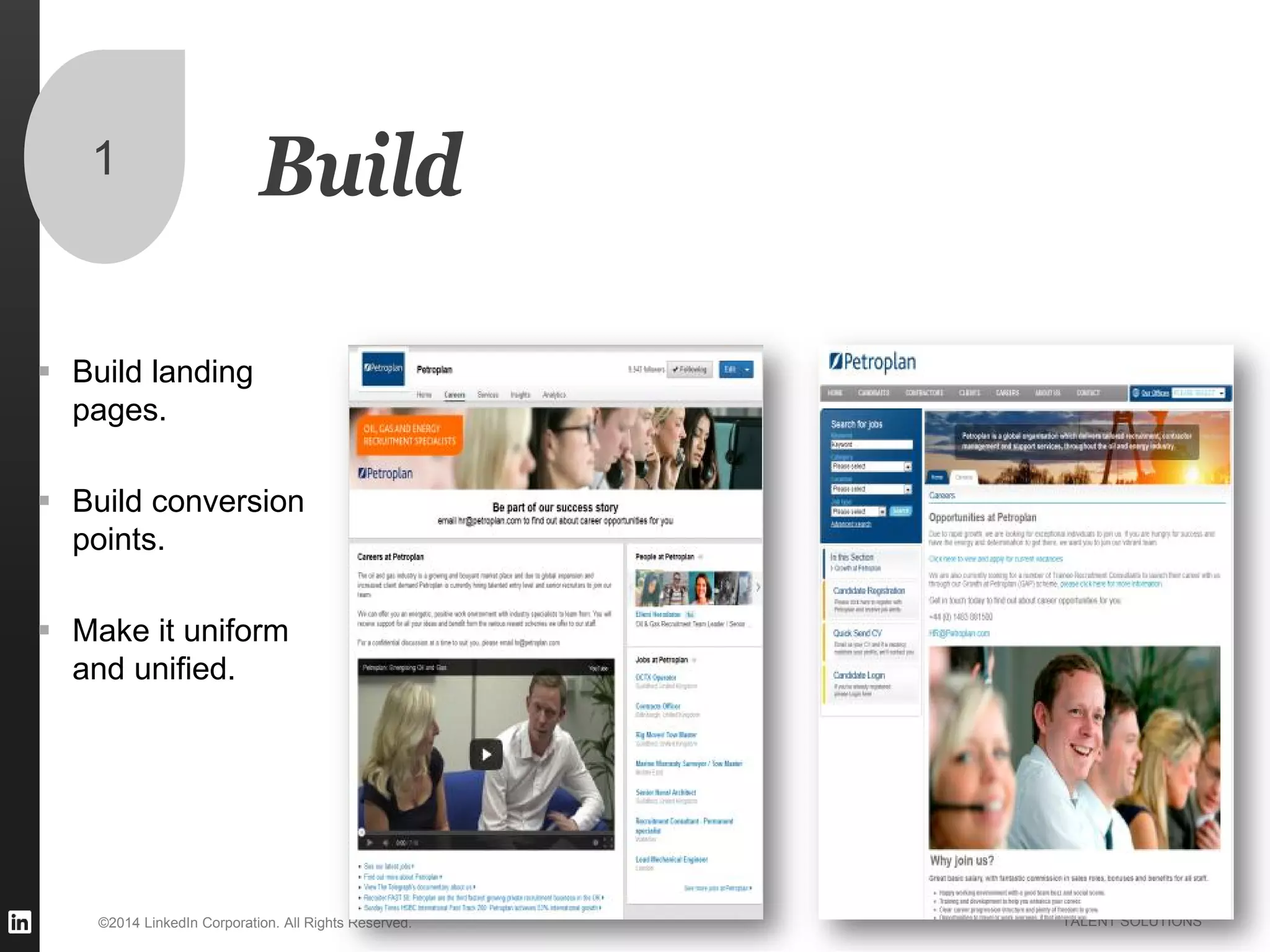©2014 LinkedIn Corporation. All Rights Reserved. TALENT SOLUTIONS
Build1
 Build landing
pages.
 Build conversion
points.
 Make it uniform
and unified.
 