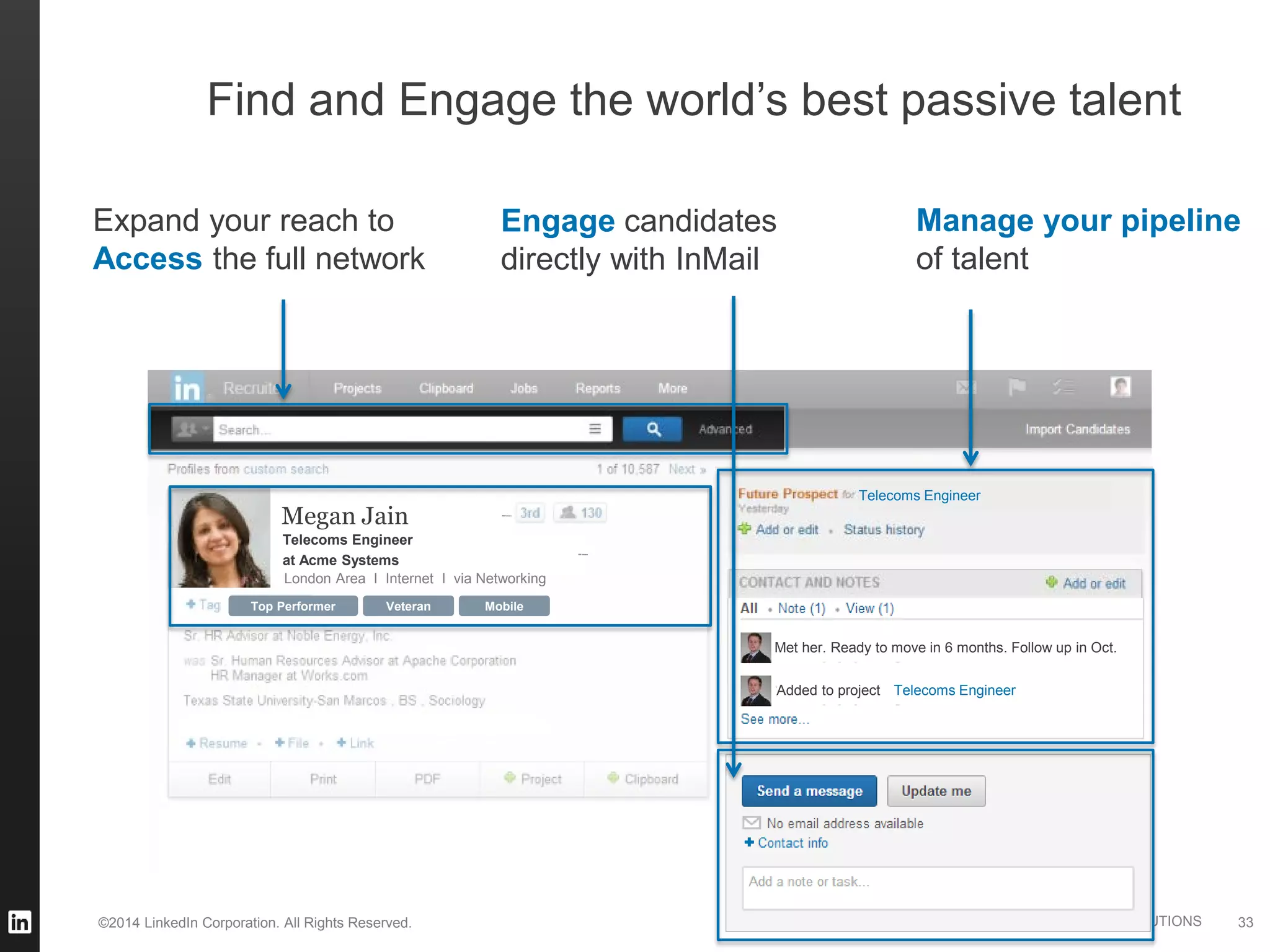 ©2014 LinkedIn Corporation. All Rights Reserved. TALENT SOLUTIONS
806 followers
806 followers
Veteran MobileTop Performer
Find and Engage the world’s best passive talent
Expand your reach to
Access the full network
Added to project
Met her. Ready to move in 6 months. Follow up in Oct.
Telecoms Engineer
Telecoms Engineer
Megan Jain
at Acme Systems
London Area I Internet I via Networking
Telecoms Engineer
33
Engage candidates
directly with InMail
Manage your pipeline
of talent
 